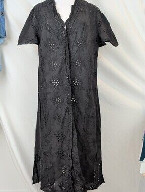 GLOBAL WORK Japan Black Eyelet Embroidered Maxi Shirt Dress Duster - L